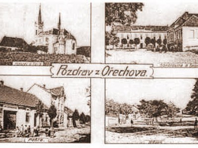 O�echov. Pohled na kostel V�ech Svat�ch a faru, sokolovnu a �kolu, po�tu a obchod pana �ev��ka a n�ves v O�echov�.
