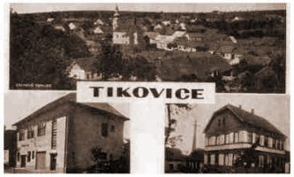 Tikovice. Celkový pohled s kostelem sv. Jiří, obecní dům a obchod pana Chramosty.